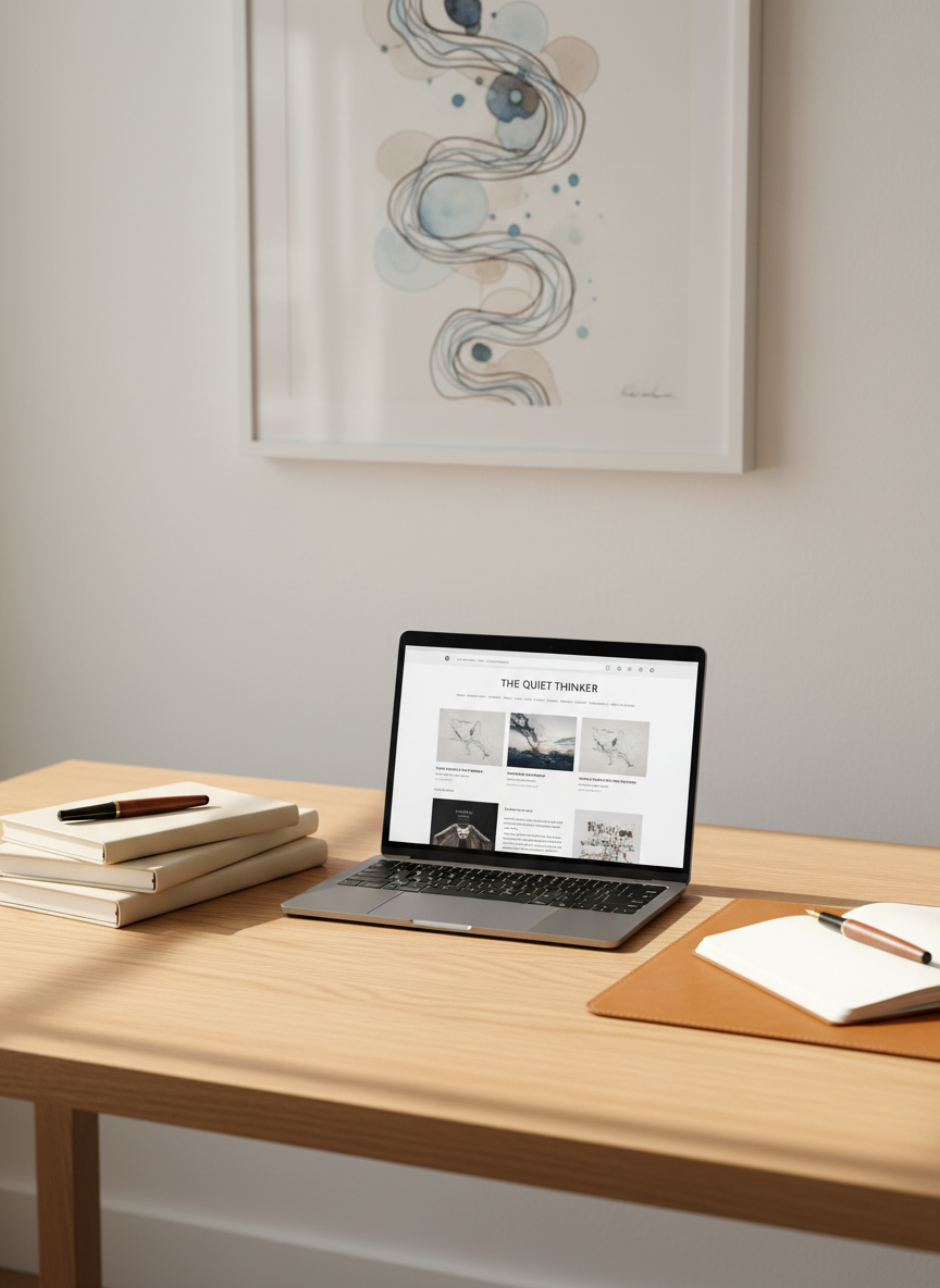 A minimalist wooden writing desk with a slim, open laptop displaying a clean blog homepage, surrounded by neatly stacked notebooks and a single fountain pen resting on a leather pad. The desk stands against a soft, neutral wall with an abstract, text-free artwork hinting at flowing thoughts. Soft morning sunlight filters in from an unseen side window, casting gentle, elongated shadows across the smooth surface. Photographic realism with a clean, modern aesthetic, shot at eye level using the rule of thirds, with a shallow depth of field that subtly blurs the background, creating a calm, professional atmosphere that conveys focused thinking and reflective writing without any human presence.