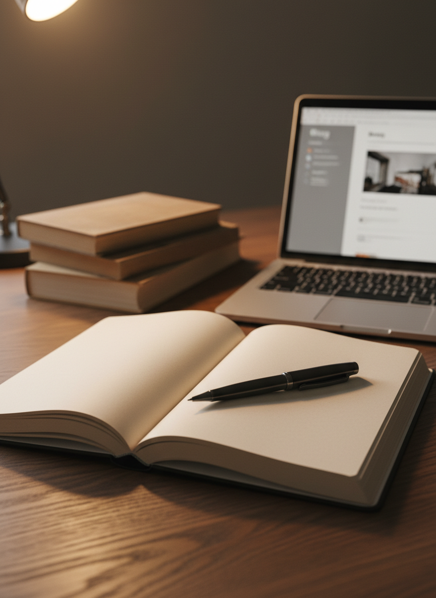 A close-up of an open hardcover journal lying on a dark oak table, its creamy blank pages gently curved, with a sleek black ink pen placed diagonally across the center fold. In the background, slightly out of focus, sits a laptop with a muted blog layout and a small stack of worn books, implying ongoing learning. Warm desk-lamp lighting from the upper left creates a cozy glow and soft shadows along the paper’s subtle texture. The composition is photographic and intimate, captured from a slightly elevated angle, evoking a quiet, contemplative mood ideal for capturing personal thoughts and professional reflections.